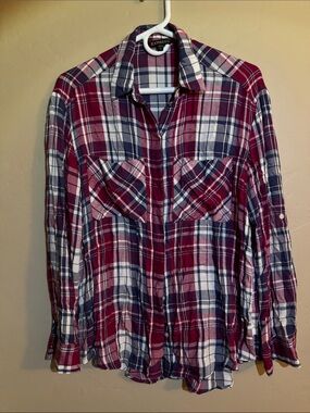 Express Women’s Red, Navy & White Plaid Button-Down Shirt